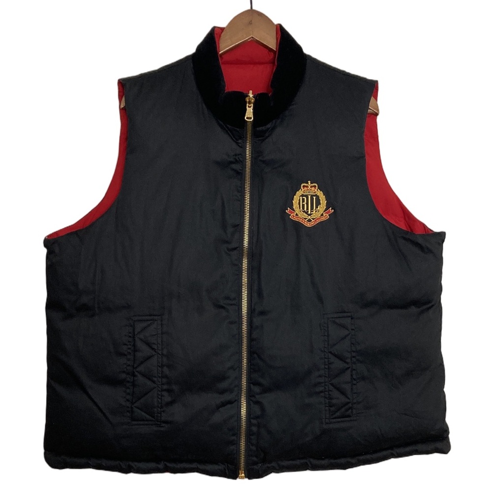 Lauren Ralph Lauren Down Vest Womens 2X Black Red Cotton Velvet Equestrian Crest